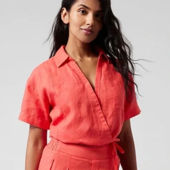 NEW! $79 ATHLETA Playa 100% Linen Wrap Crop TOP Coral Passionfruit Size S 4 6 - Picture 1 of 4